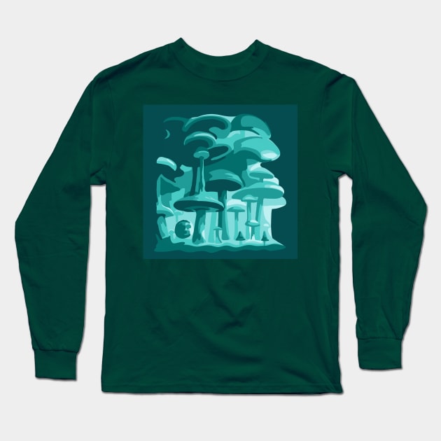 Psychedelic Teal Mushroom World Long Sleeve T-Shirt by Slightly Unhinged